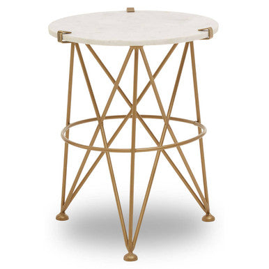 White Rounded Marble Top Side Table With Gold Brass Intersecting Legs, Rabia