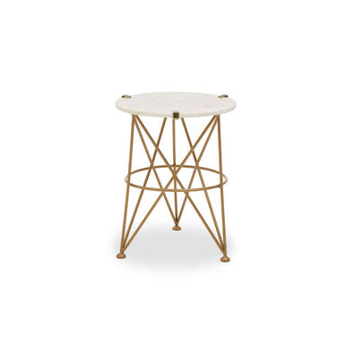 White Rounded Marble Top Side Table With Gold Brass Intersecting Legs, Rabia