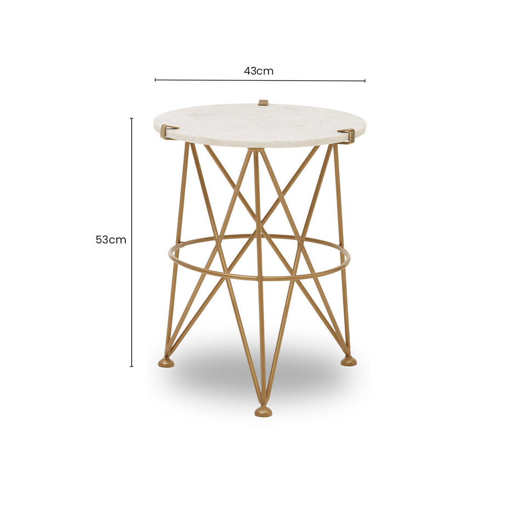 White Rounded Marble Top Side Table With Gold Brass Intersecting Legs, Rabia