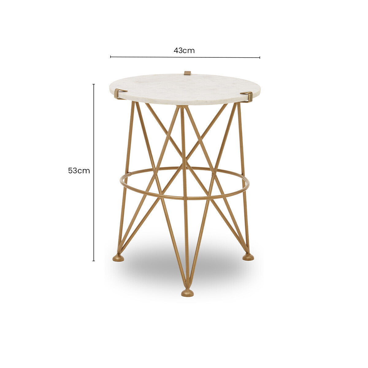 White Rounded Marble Top Side Table With Gold Brass Intersecting Legs, Rabia