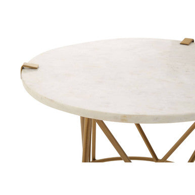 White Rounded Marble Top Side Table With Gold Brass Intersecting Legs, Rabia