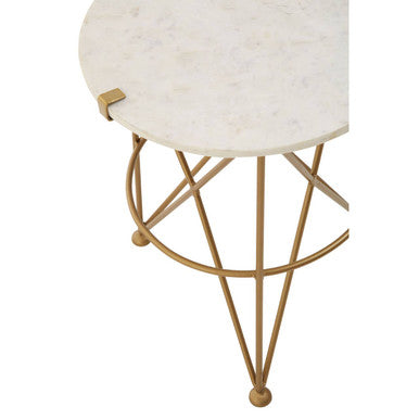 White Rounded Marble Top Side Table With Gold Brass Intersecting Legs, Rabia