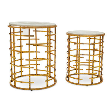 Set Of 2 White Marble Tops Round Nesting Tables With Gold Metal Base, Rabia