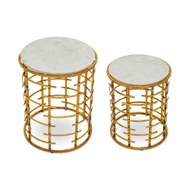 Set Of 2 White Marble Tops Round Nesting Tables With Gold Metal Base, Rabia