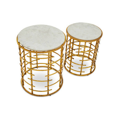 Set Of 2 White Marble Tops Round Nesting Tables With Gold Metal Base, Rabia