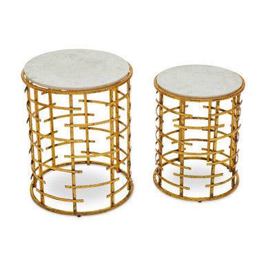 Set Of 2 White Marble Tops Round Nesting Tables With Gold Metal Base, Rabia