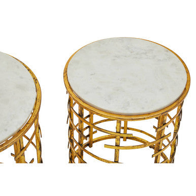 Set Of 2 White Marble Tops Round Nesting Tables With Gold Metal Base, Rabia