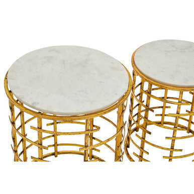 Set Of 2 White Marble Tops Round Nesting Tables With Gold Metal Base, Rabia