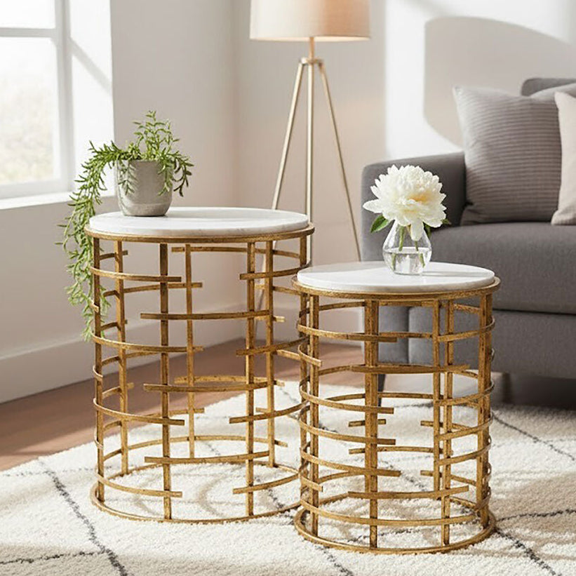 Set Of 2 White Marble Tops Round Nesting Tables With Gold Metal Base, Rabia
