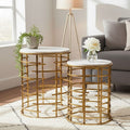 Set Of 2 White Marble Tops Round Nesting Tables With Gold Metal Base, Rabia