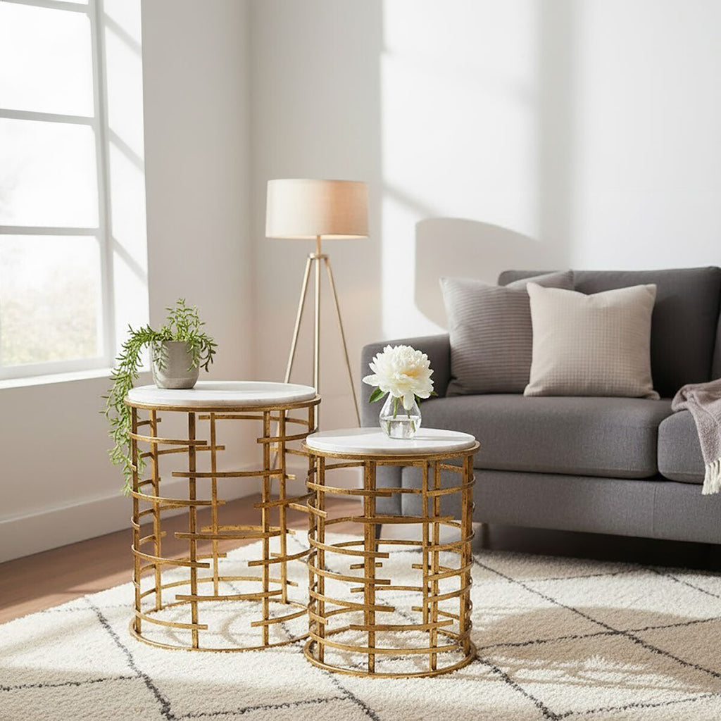 Set Of 2 White Marble Tops Round Nesting Tables With Gold Metal Base, Rabia