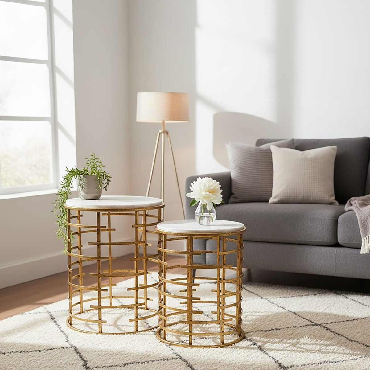 Set Of 2 White Marble Tops Round Nesting Tables With Gold Metal Base, Rabia
