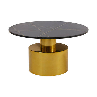 White Marble Round Top Coffee Table With Sculptural Geometric Gold Base, Rabia