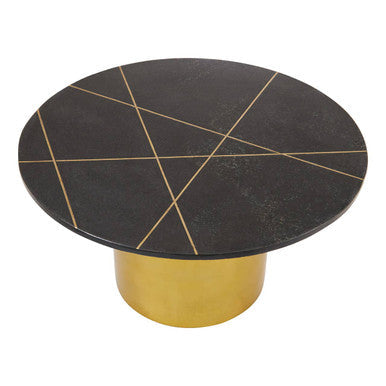 White Marble Round Top Coffee Table With Sculptural Geometric Gold Base, Rabia