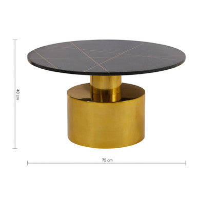 White Marble Round Top Coffee Table With Sculptural Geometric Gold Base, Rabia