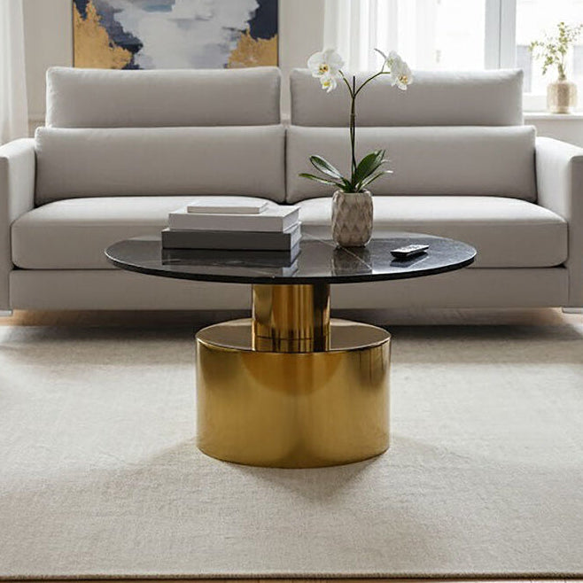 White Marble Round Top Coffee Table With Sculptural Geometric Gold Base, Rabia