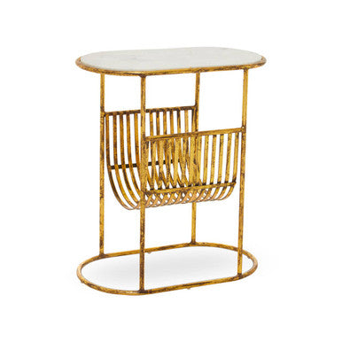 White Marble Top Side Table With Curved Magazine Rack & Gold Metal Frame, Rabia