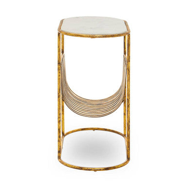 White Marble Top Side Table With Curved Magazine Rack & Gold Metal Frame, Rabia