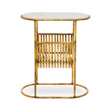 White Marble Top Side Table With Curved Magazine Rack & Gold Metal Frame, Rabia