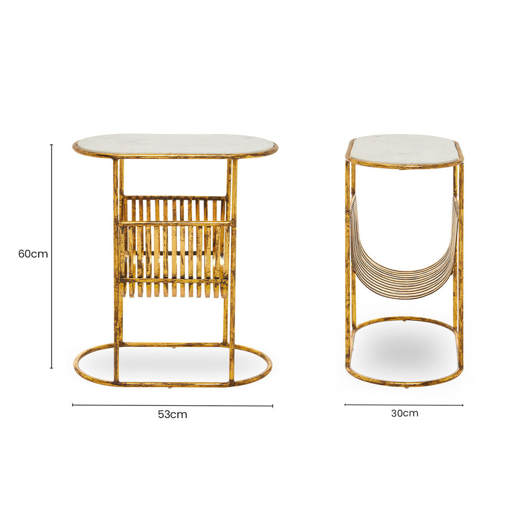 White Marble Top Side Table With Curved Magazine Rack & Gold Metal Frame, Rabia