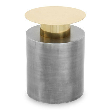 Grey Metal Straight Base Accent Table With Warm Metal Gold Top, Rabia