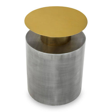 Grey Metal Straight Base Accent Table With Warm Metal Gold Top, Rabia