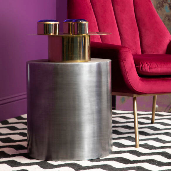 Grey Metal Straight Base Accent Table With Warm Metal Gold Top, Rabia