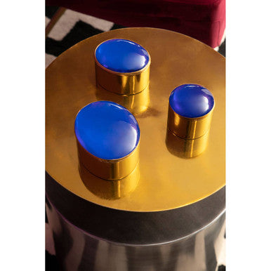 Grey Metal Straight Base Accent Table With Warm Metal Gold Top, Rabia