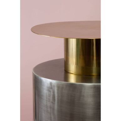 Grey Metal Straight Base Accent Table With Warm Metal Gold Top, Rabia