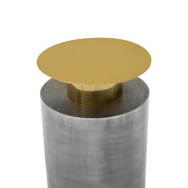 Grey Metal Straight Base Accent Table With Warm Metal Gold Top, Rabia