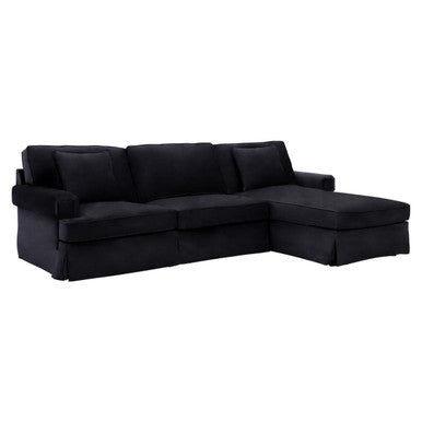 3 Seat Black Velvet Right Chaise Sofa, Ralph