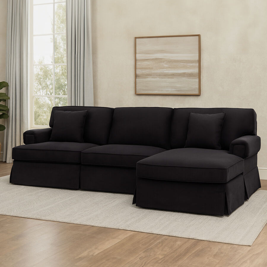 3 Seat Black Velvet Right Chaise Sofa, Ralph