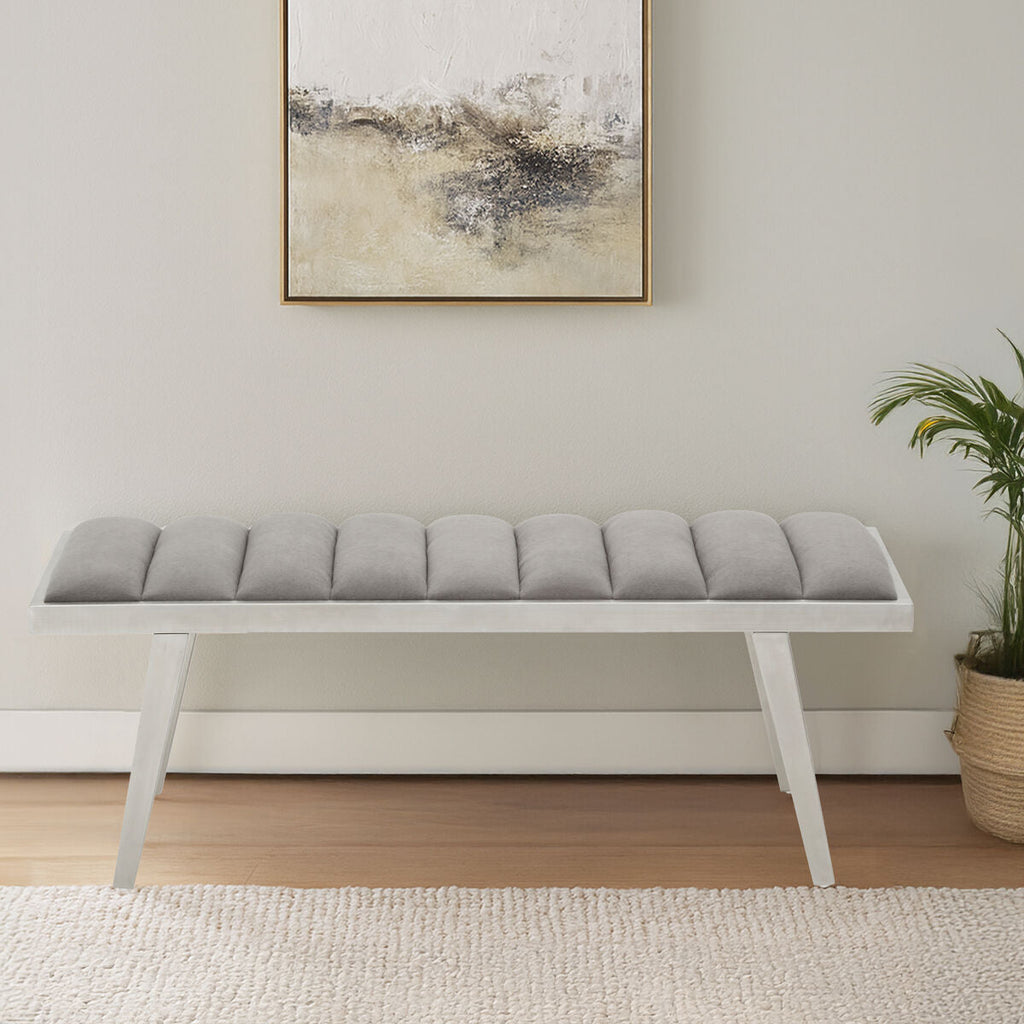 Gilden Grey Velvet Bench With Brused Silver Frame