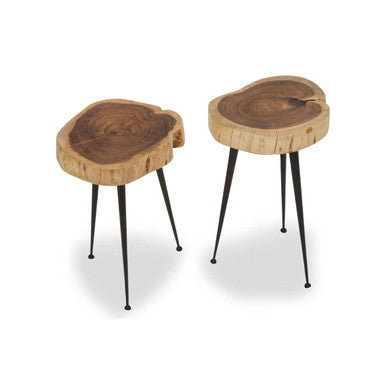 Set Of 2 Natural Wood Carved Tops Side Tables With Black Metal Tapered Legs, Nandri