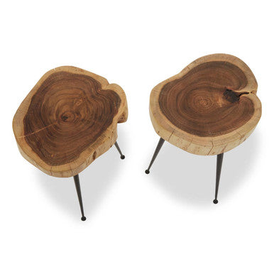 Set Of 2 Natural Wood Carved Tops Side Tables With Black Metal Tapered Legs, Nandri