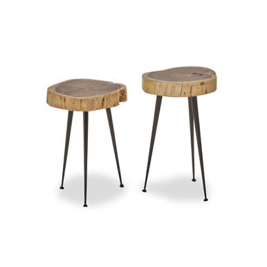 Set Of 2 Natural Wood Carved Tops Side Tables With Black Metal Tapered Legs, Nandri
