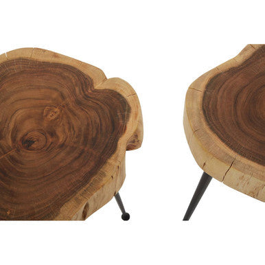 Set Of 2 Natural Wood Carved Tops Side Tables With Black Metal Tapered Legs, Nandri