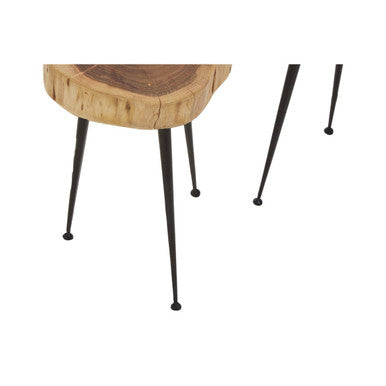 Set Of 2 Natural Wood Carved Tops Side Tables With Black Metal Tapered Legs, Nandri