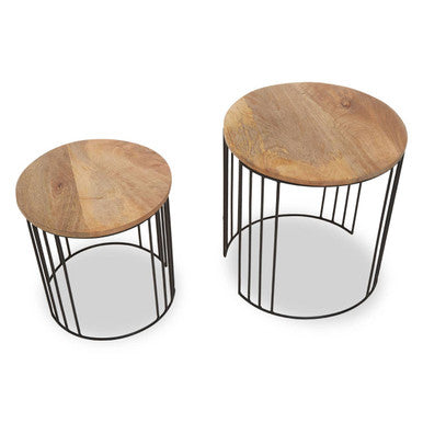 Set Of 2 Natural Mango Wood Round Side Tables With Black Metal Drum Shaped Open Frame, Nandri