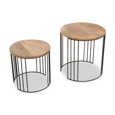 Set Of 2 Natural Mango Wood Round Side Tables With Black Metal Drum Shaped Open Frame, Nandri