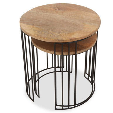 Set Of 2 Natural Mango Wood Round Side Tables With Black Metal Drum Shaped Open Frame, Nandri