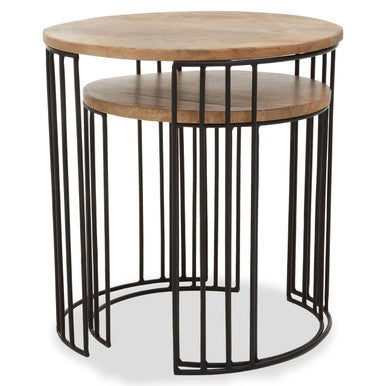 Set Of 2 Natural Mango Wood Round Side Tables With Black Metal Drum Shaped Open Frame, Nandri