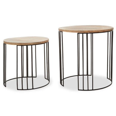 Set Of 2 Natural Mango Wood Round Side Tables With Black Metal Drum Shaped Open Frame, Nandri