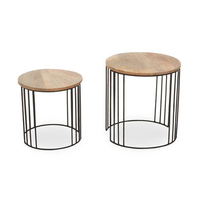 Set Of 2 Natural Mango Wood Round Side Tables With Black Metal Drum Shaped Open Frame, Nandri