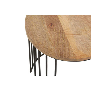 Set Of 2 Natural Mango Wood Round Side Tables With Black Metal Drum Shaped Open Frame, Nandri