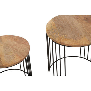 Set Of 2 Natural Mango Wood Round Side Tables With Black Metal Drum Shaped Open Frame, Nandri
