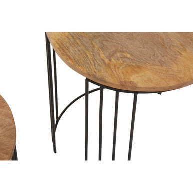 Set Of 2 Natural Mango Wood Round Side Tables With Black Metal Drum Shaped Open Frame, Nandri