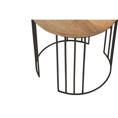 Set Of 2 Natural Mango Wood Round Side Tables With Black Metal Drum Shaped Open Frame, Nandri