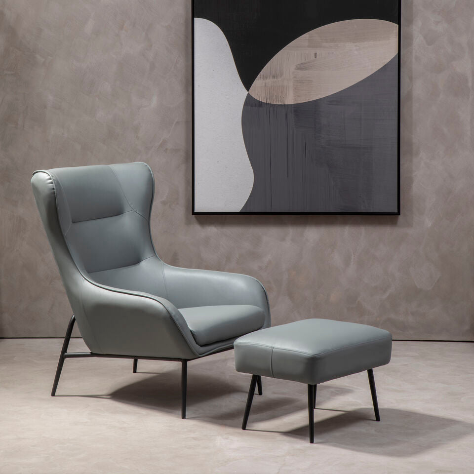 Kaiko Grey Leather Armchair & Footstool