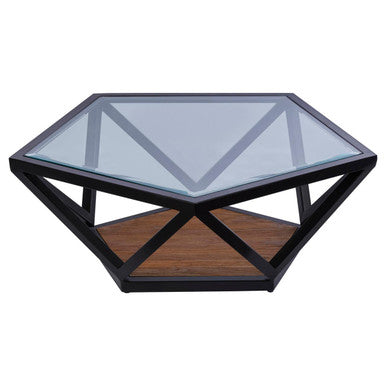 Black Hexagon Metal Frame Coffee Table With Glass Top, Cibo